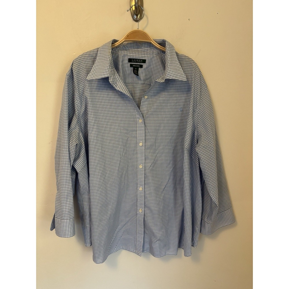 Lauren Ralph Lauren Women's Non-Iron Button Down Shirt Blue Gingham Cotton 3X